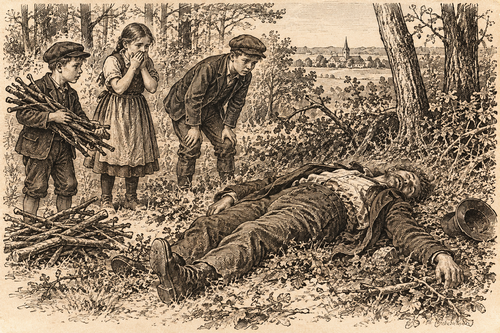 Historická perokresba dětí, které při sběru dřeva nalezly Josefa Kultschera ve Farském lese roku 1903