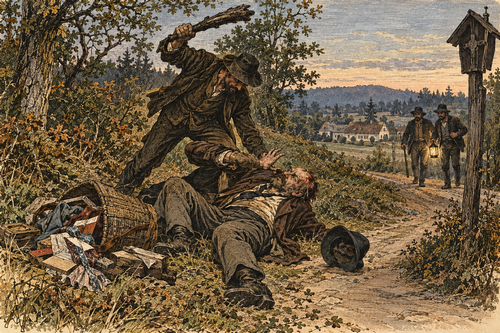 Historická ilustrace přepadení podomního obchodníka Jakoba Löbla roku 1873
