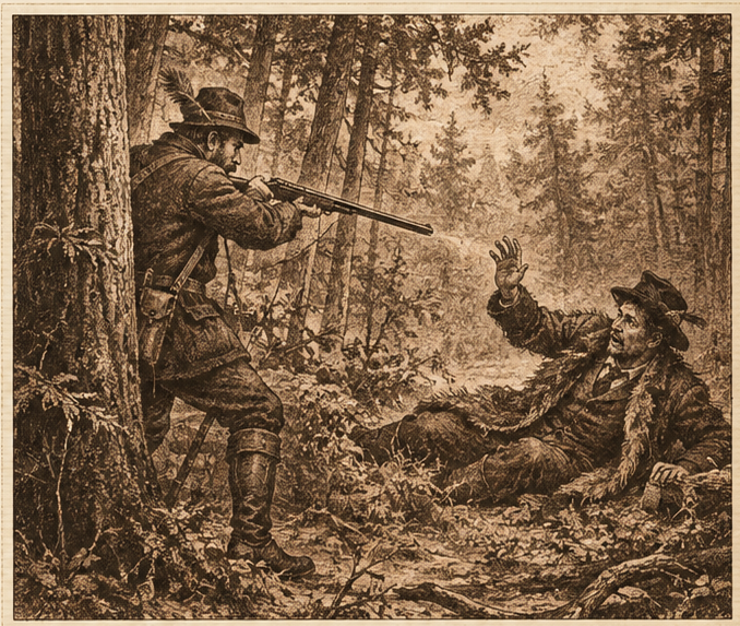 Ilustrační vyobrazení boje hajného s pytlákem v roce 1930